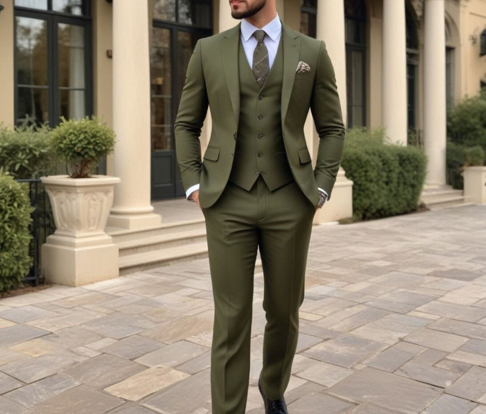 Men Grooming Outfit - メンズオリーブグリーン3ピーススーツスリムフィットワンボタンエレガントウェディンググルーム