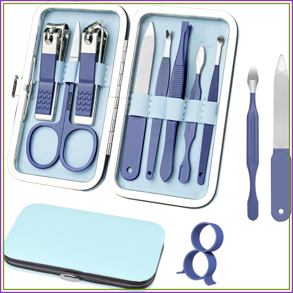 Nail Care Kit Mens - 8 in 1 マニキュアセット、レザーケース付きプロ仕様ネイルクリッパーキット、男性と女性向けのトラベルネイルケアツール（ブルー）