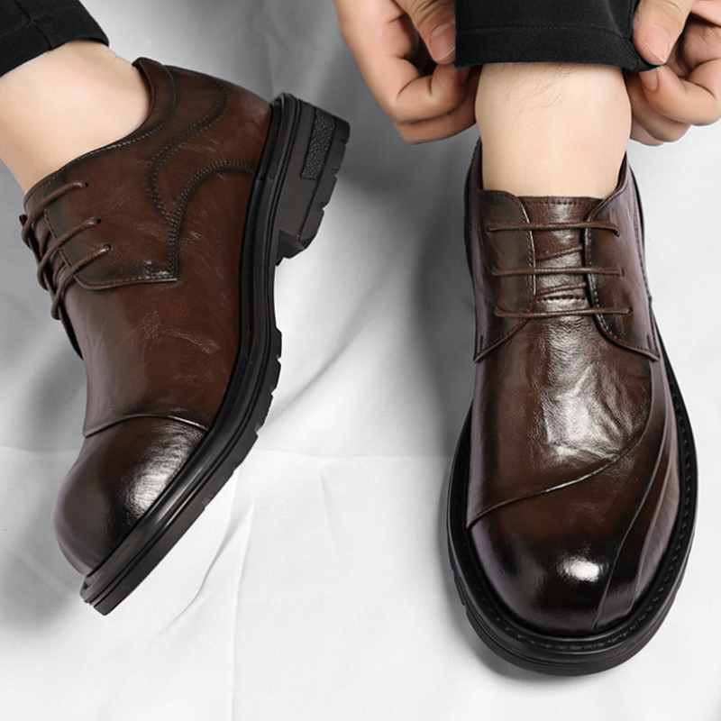 Men'S Grooming Oxford - ブラウンの艶出し本革レースアップチャンキーソールフォーマルビジネスオフィス新郎結婚式日常着靴ファッション快適
