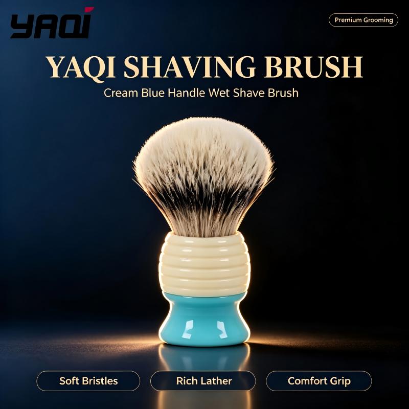 Men'S Grooming Cream - YAQI メンズ ウェットシェービングブラシ ツートーン シアンクリーム リブ付きハンドル
