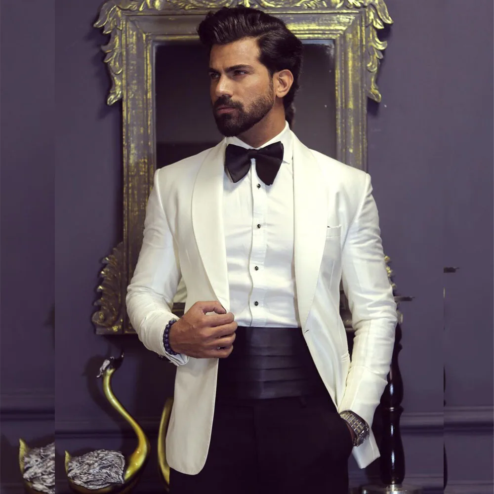 Men Grooming Outfit - クラシックな英国スタイルのショールジャケット,シングルブレストの黒のパンツ,フォーマルパーティー,エレガントな新郎の結婚式,白,2個