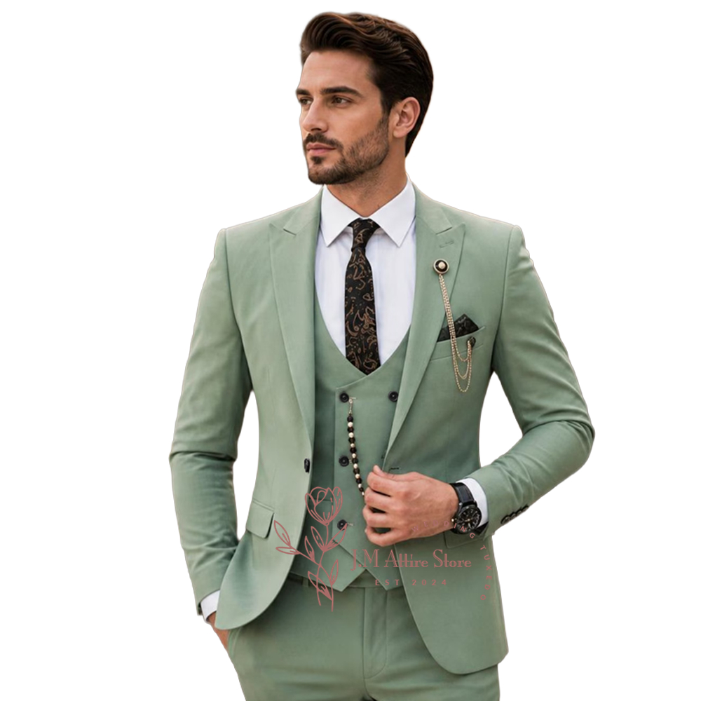 セージグリーンスーツ メンズ3ピースセット ピークラペルジャ - Men Grooming Outfit のレビューと価格